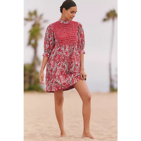 ANTHROPOLOGIE RO'S GARDEN Jamelia Puff-Sleeve Mini Dress Red Pattern Medium NWOT - Picture 4 of 13